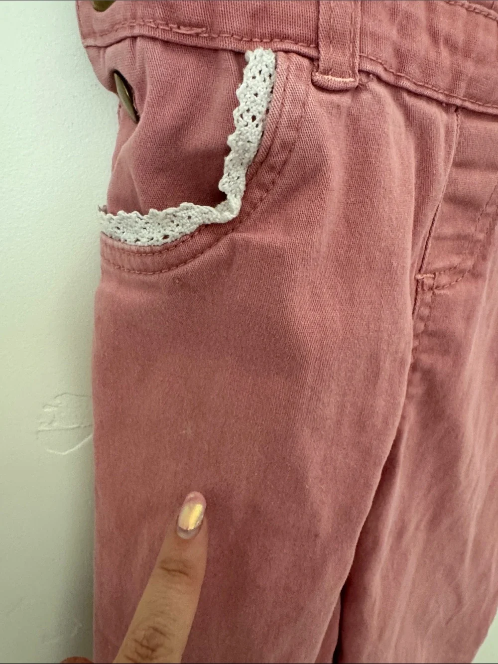 Girls Pink Floral Embroidered Denim Overalls Lace Trim Adjustable Straps Size 6